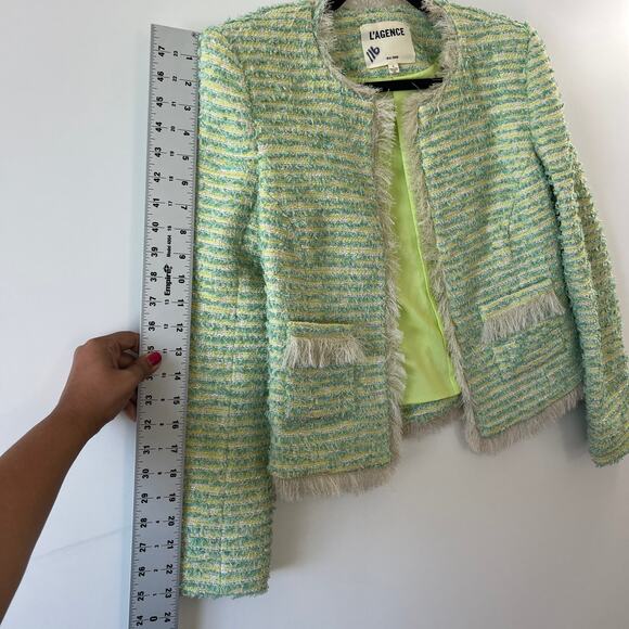 Lagence Green Gold Metallic Fringe Angelina Tweed Blazer Jacket Womens 6 - Picture 9 of 14